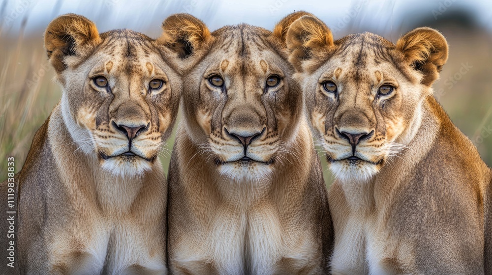 Fototapeta premium Group of Majestic Lionesses in the African Savannah Displaying Their Strength and Beauty