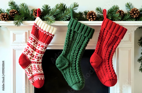 Knitted christmas stockings on a white mantle. Perfect for festive holiday decor in cozy home settings or as a cheerful seasonal wallpaper. Selective focus photo