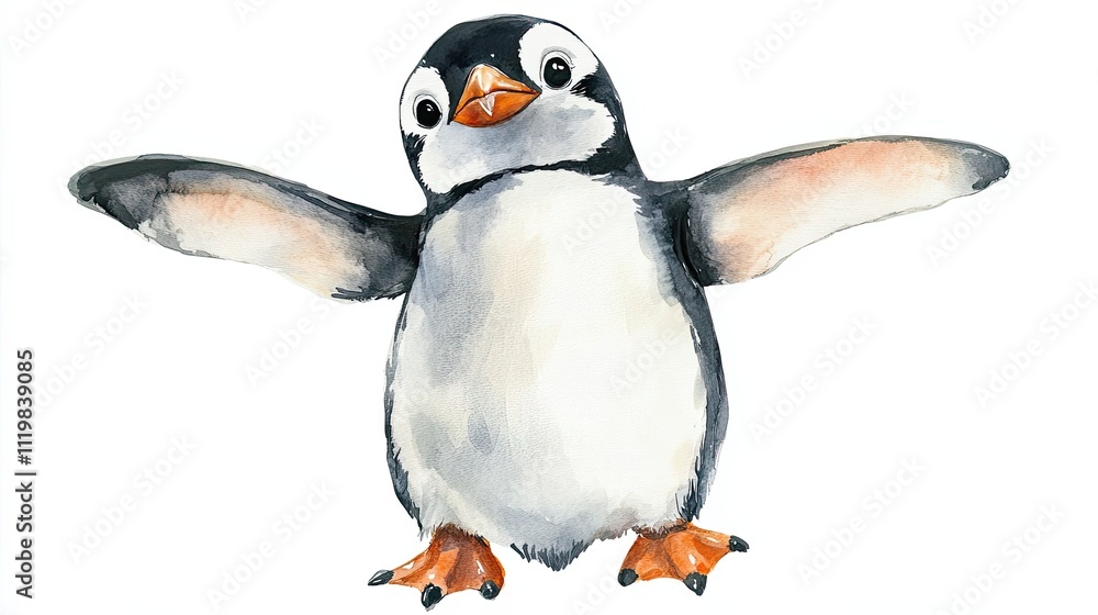 Fototapeta premium Watercolor Painting of a Happy Young Penguin
