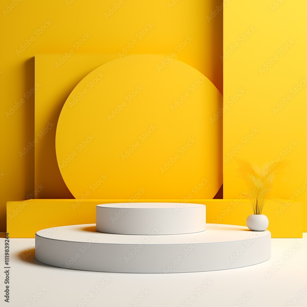 A minimalist display featuring circular and rectangular shapes in vibrant yellow and white. A minimalist display featuring circular and rectangular shapes in vibrant yellow and white.