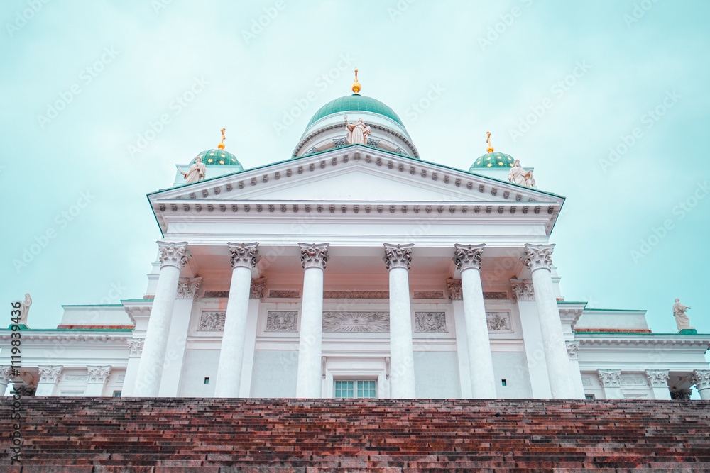 Magnificent Architectural View of a Historic Cathedral with Majestic Columns and a Stunning Dome Against a Clear Sky Magnificent Architectural View of a Historic Cathedral with Majestic Columns and a Stunning Dome Against a Clear Sky