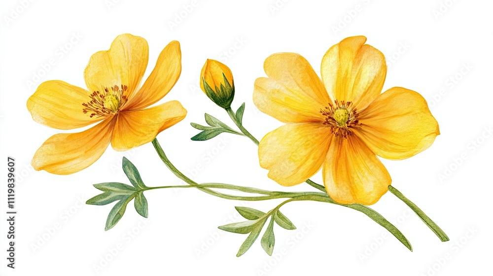 Obraz premium Watercolor Painting of Two Yellow Flowers and a Bud