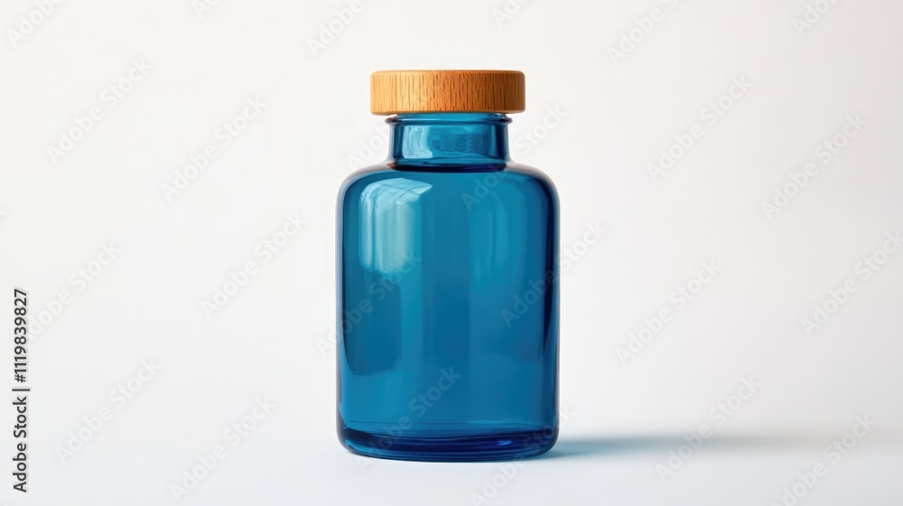 Blue glass bottle with wooden lid displayed on a clean white background showcasing modern design and elegant simplicity. Blue glass bottle with wooden lid displayed on a clean white background showcasing modern design and elegant simplicity.
