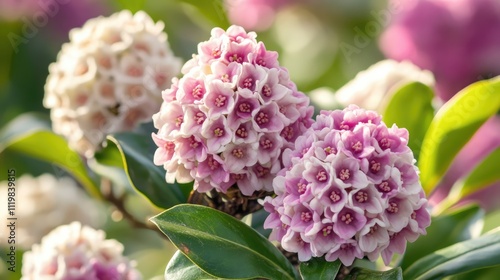 Blooming February daphne Daphne mezereum close up showcasing vibrant pink flowers and glossy leaves in a sunny spring setting