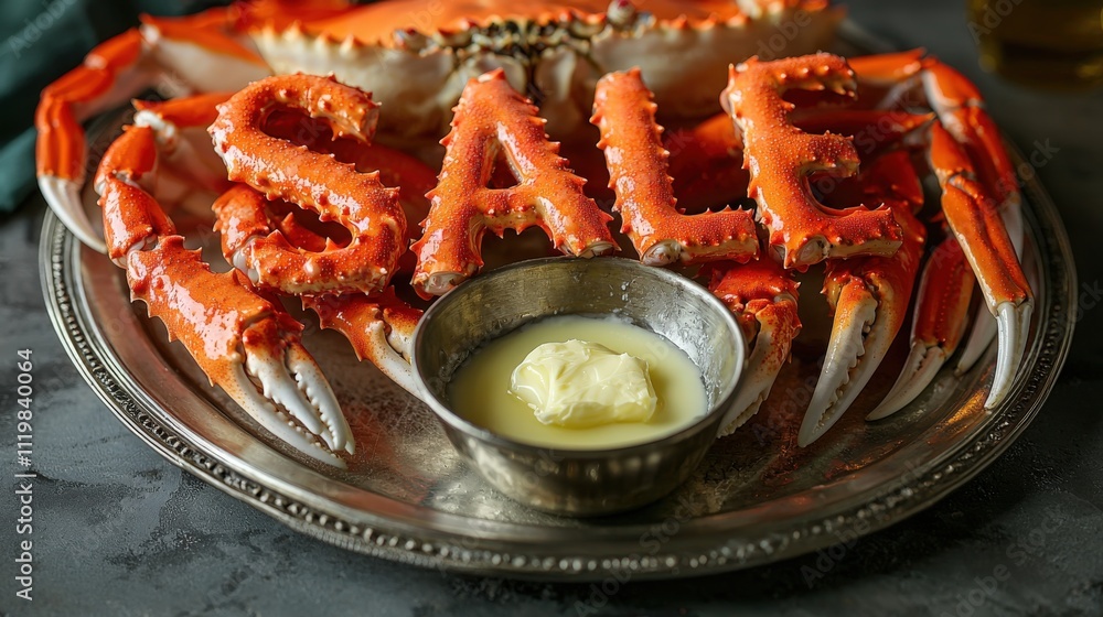 Fresh crab on a silver platter with sale promotion and melted butter Fresh crab on a silver platter with sale promotion and melted butter