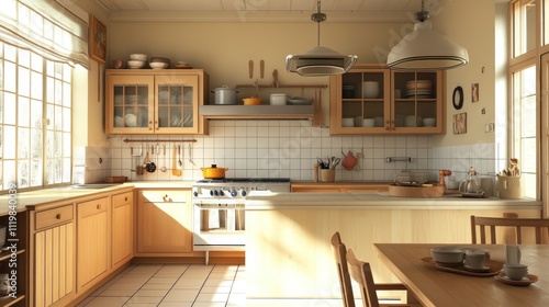 Sunny, bright kitchen with wooden cabinets, island, and window.