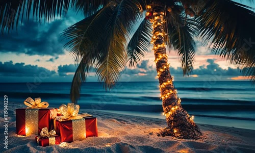 A tropical scene featuring Christmas gifts near a lit palm tree on a beach at sunset.