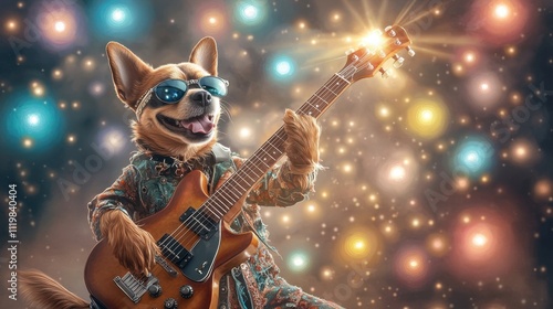 Celebrity pets and petfluencers branding concept. A funky dog wearing sunglasses plays guitar in a colorful scene photo