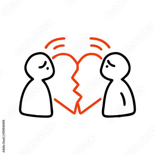 Two figures facing each other with a broken heart symbolizing a broken relationship