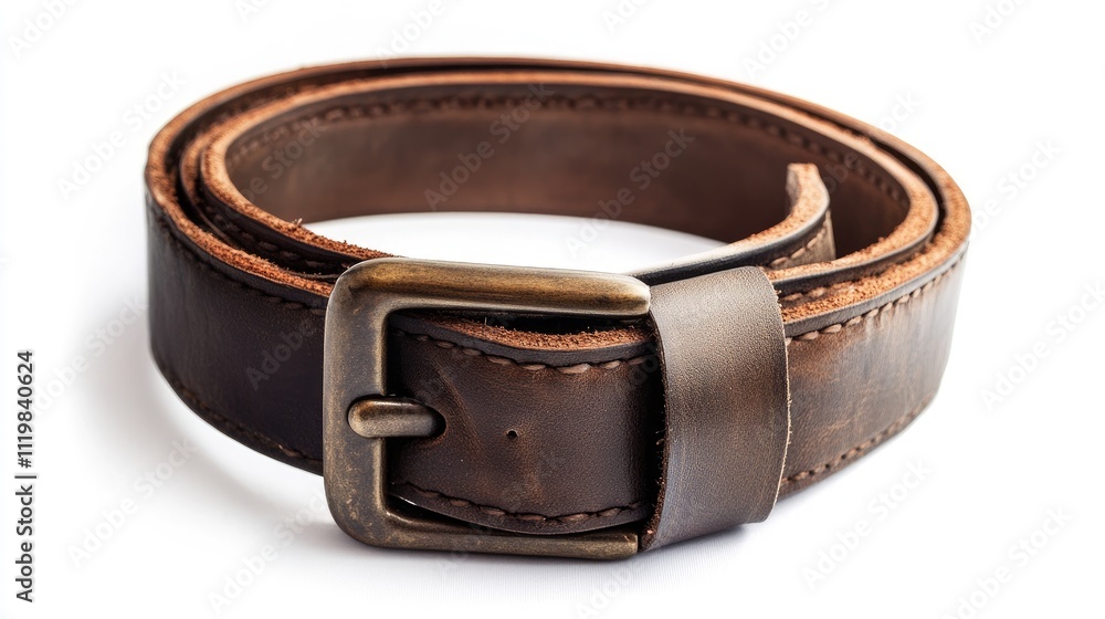 Classic brown leather belt with antique buckle on a white background showcasing vintage style and quality craftsmanship Classic brown leather belt with antique buckle on a white background showcasing vintage style and quality craftsmanship