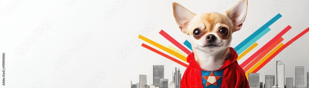 Celebrity pets and petfluencers branding concept. Cute Chihuahua in a superhero outfit with vibrant background elements Celebrity pets and petfluencers branding concept. Cute Chihuahua in a superhero outfit with vibrant background elements