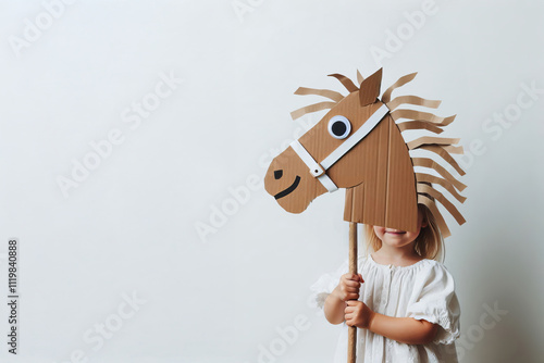 Child holding cardboard horse head mask on wooden stick. Minimalist studio portrait on white background. DIY craft and creative play concept photo