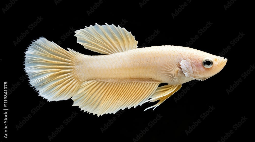 Fototapeta premium Siamese fighting fish Betta splendens Halfmoon variety showcasing elegant fins against a solid black background for dramatic effect.