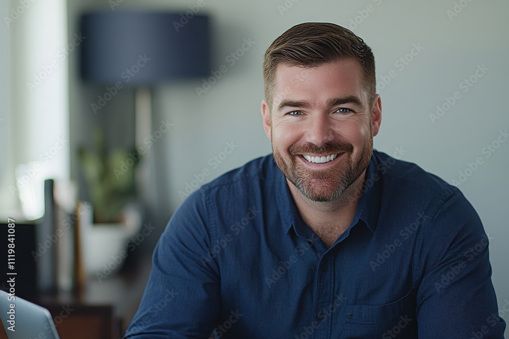 Naklejka premium Professional man, navy blue button-up shirt facial hair friendly smil office environment
