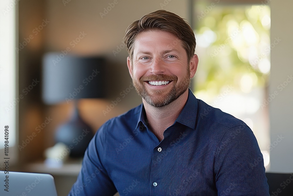 Naklejka premium Professional man, navy blue button-up shirt facial hair friendly smil office environment