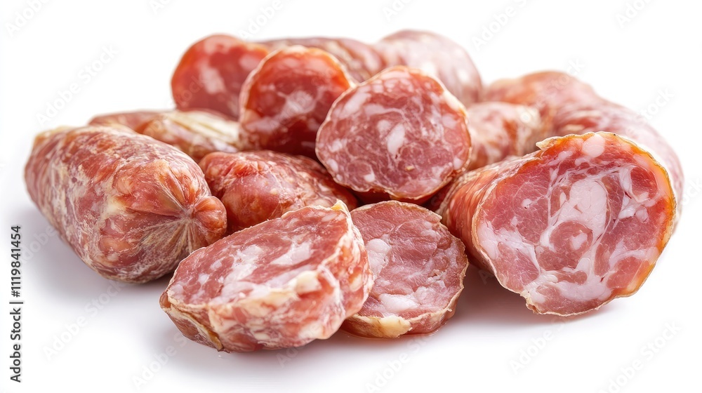 Obraz premium Cured sliced ham sausages arranged artistically on a white background showcasing their textures and colors for culinary presentations.