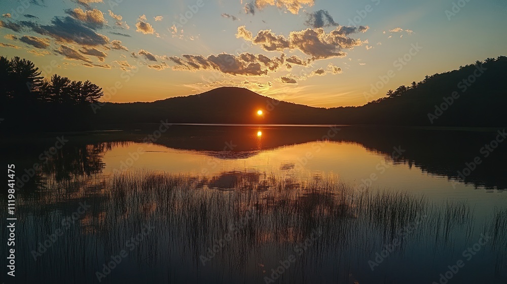 A serene sunset over a calm lake, reflecting mountains and clouds in the water. A serene sunset over a calm lake, reflecting mountains and clouds in the water.