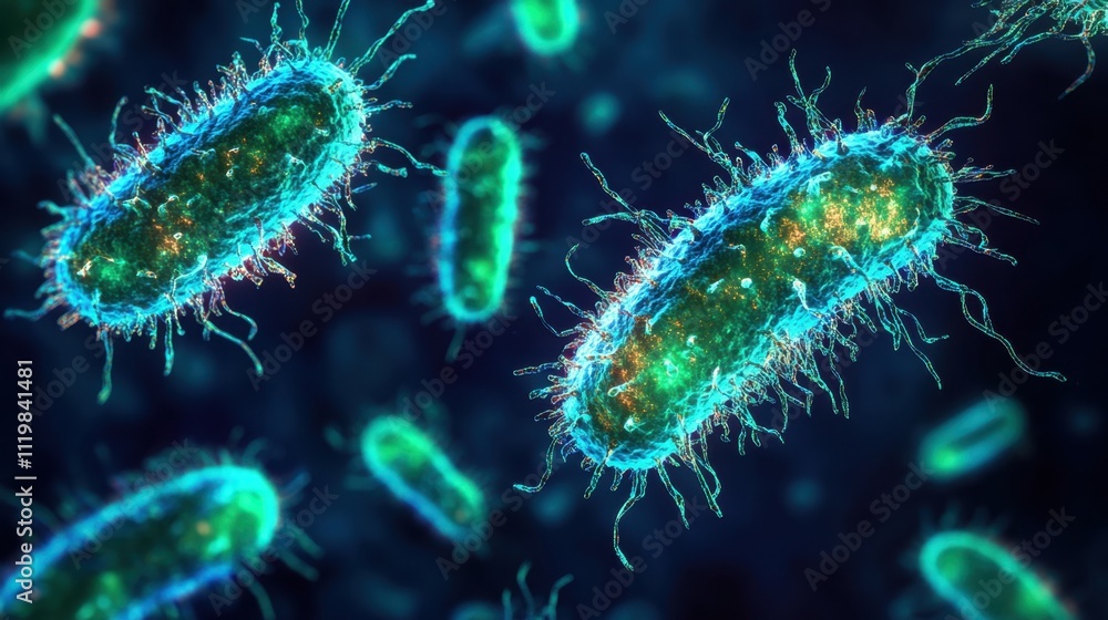 Microscopic View of Vibrant Bacteria in a Dark Background Environment Microscopic View of Vibrant Bacteria in a Dark Background Environment