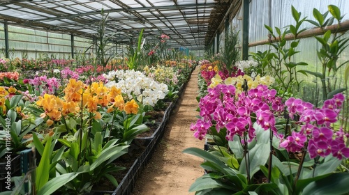 Colorful Orchid Display in Greenhouse Environment with Diverse Blooms and Lush Foliage photo