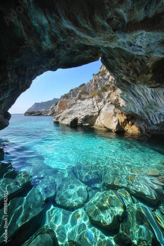 An underground cave with clear blue water and a small pool surrounded by rock formations, photo