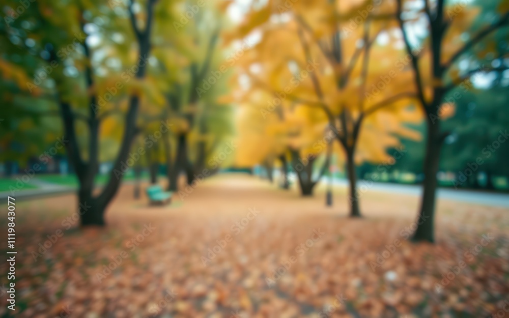 Naklejka premium Fall foliage creates a colorful landscape in a tranquil park with scattered leaves and golden trees