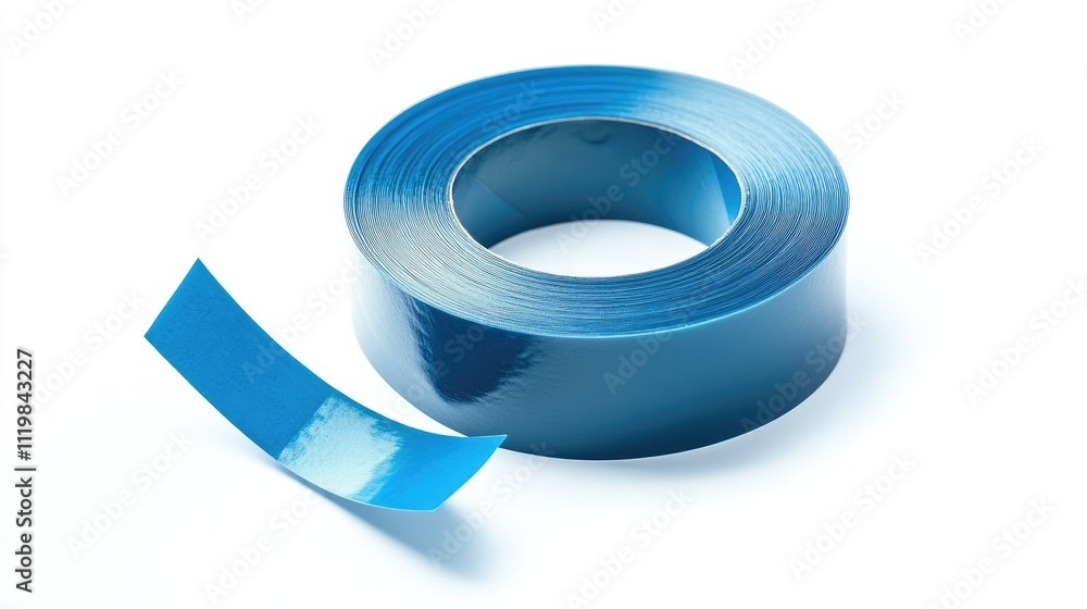 Blue adhesive tape roll with a loose strip isolated on a clean white background ideal for crafts and DIY projects Blue adhesive tape roll with a loose strip isolated on a clean white background ideal for crafts and DIY projects