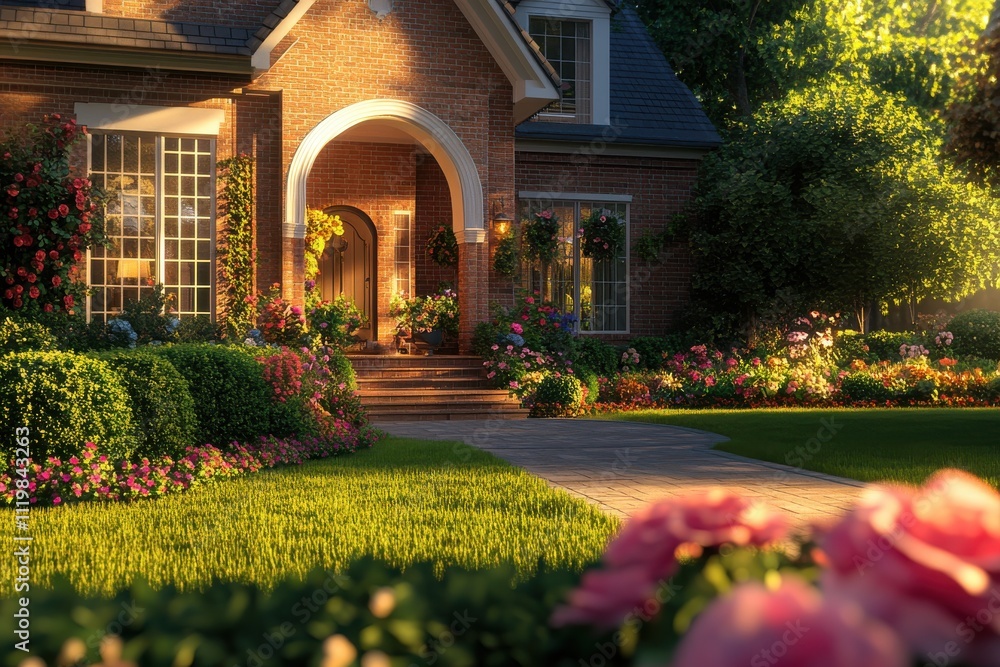Obraz premium Suburban brick house arched entrance, manicured lawn colorful flower beds pink roses