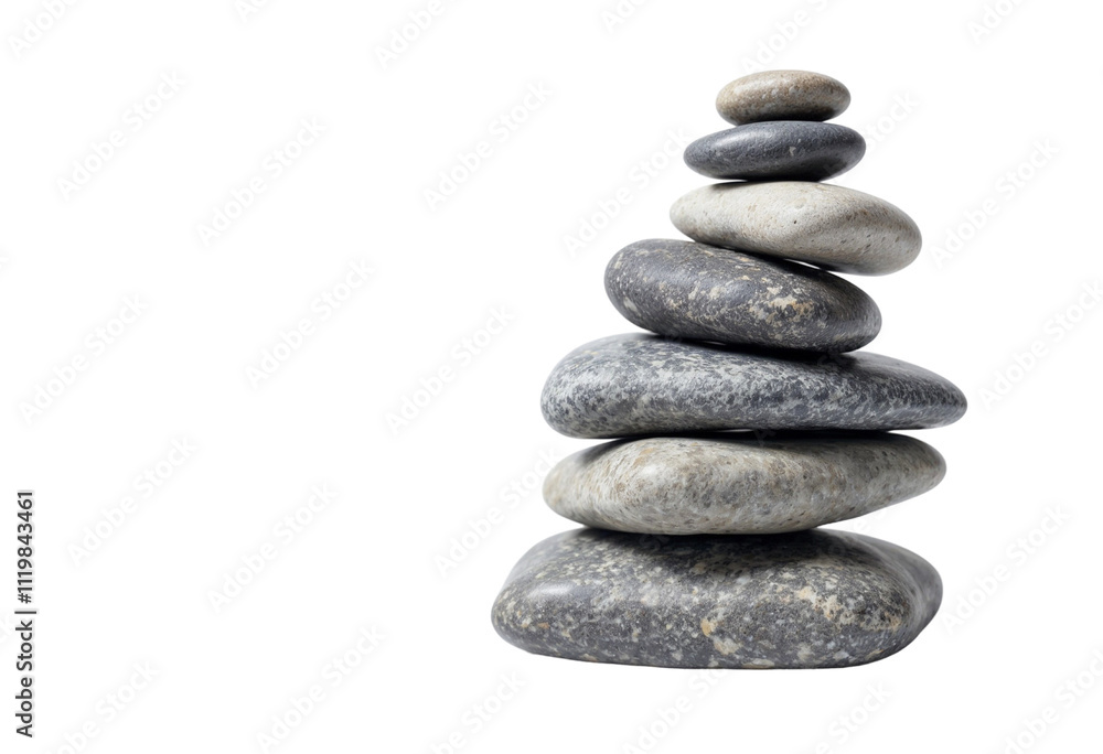 Stacked gray pebbles arranged in a balanced formation on a white background, highlighting simplicity and tranquility, ideal for decoration or meditation purposes Stacked gray pebbles arranged in a balanced formation on a white background, highlighting simplicity and tranquility, ideal for decoration or meditation purposes