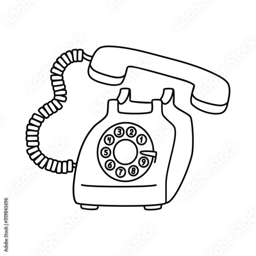 Retro Rotary Dial Telephone Line Art. Graphic device from the 80s and 90s.Vector design isolated on white background.Coloring page.Outline object for use in banner,card,poster.Black white illustration