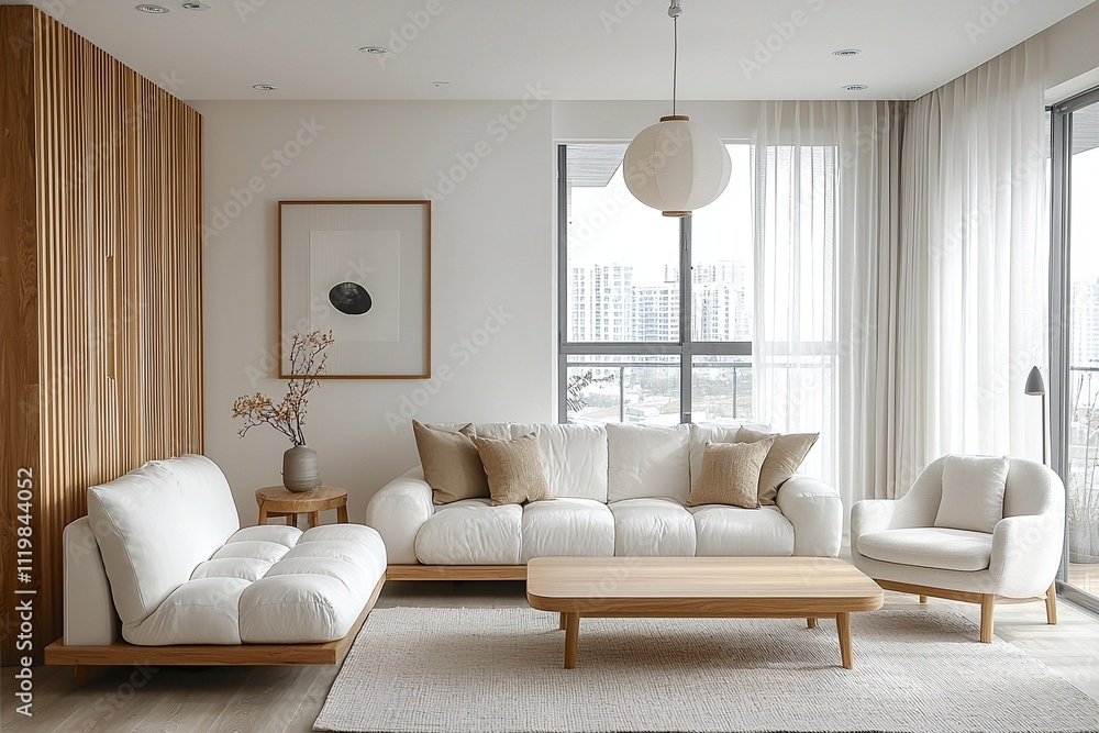 Fototapeta premium A modern Scandinavian interior in the living room with minimalist, sofa and table and pendant lighting. Generative AI
