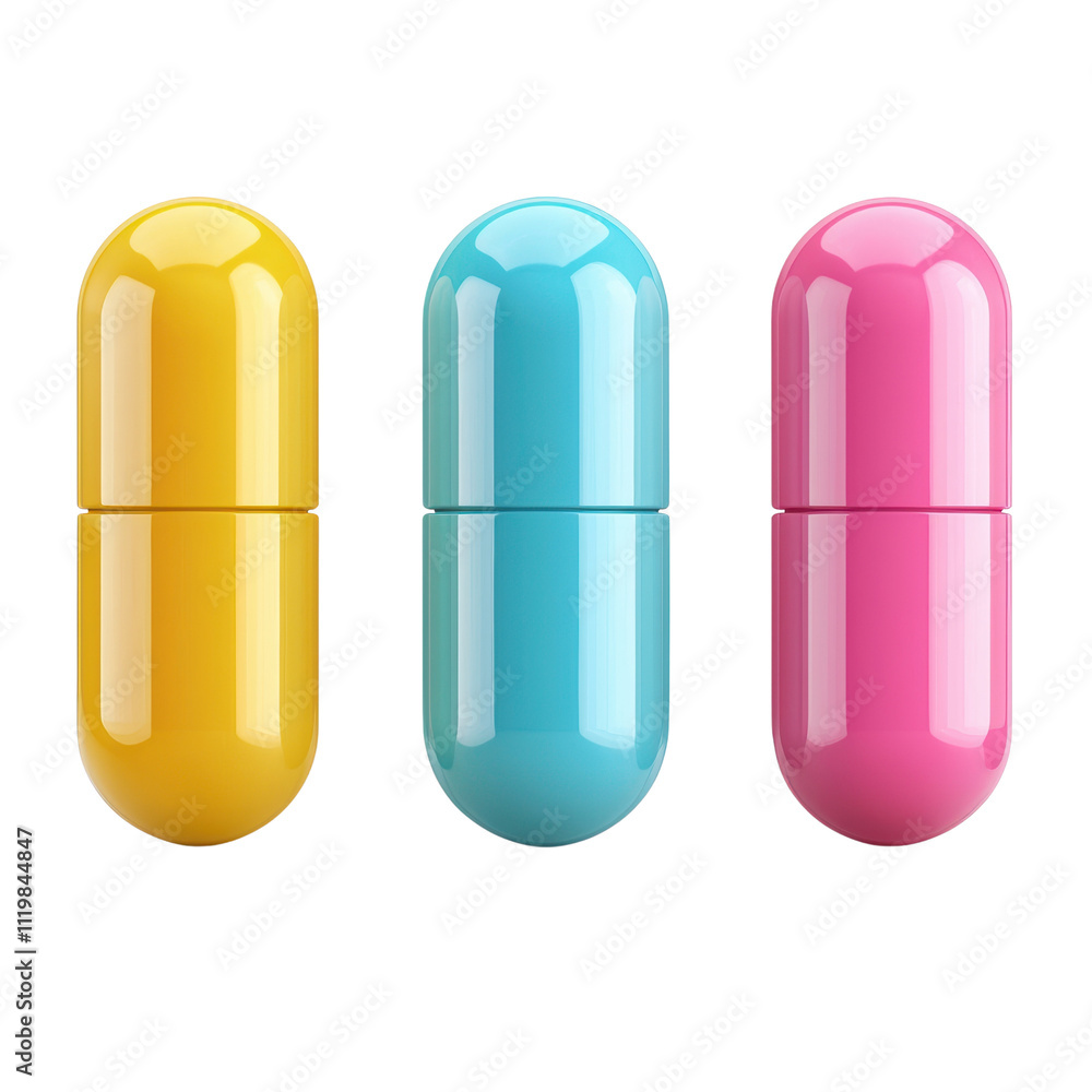 Colorful capsules in vibrant shades of yellow, blue, and pink Colorful capsules in vibrant shades of yellow, blue, and pink