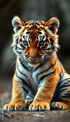 Young tiger cub poses confidently in natural habitat showcasing vibrant orange fur and striking black stripes photo