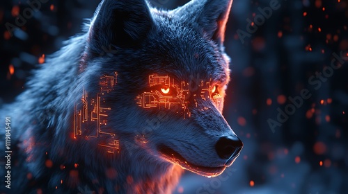 A futuristic polygonal wolf face with a sleek metallic texture and glowing AI circuitry embedded in the design photo