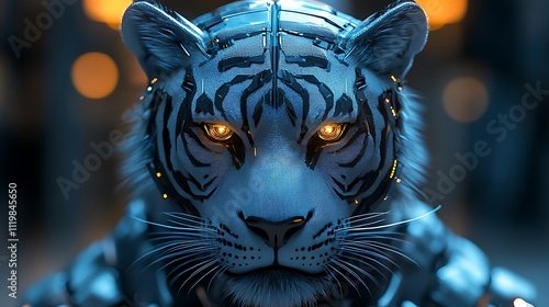 A polygonal robotic tiger head with visible wires and glowing cybernetic eyes representing artificial intelligence