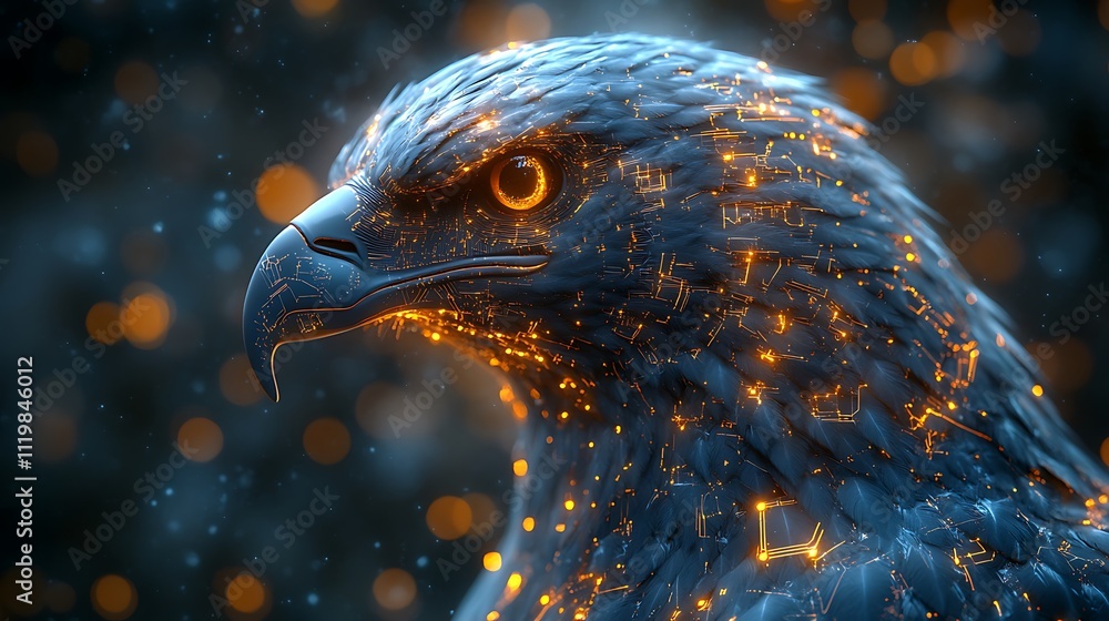 Obraz premium A polygonal eagle head illustration featuring a metallic surface with glowing circuits representing futuristic AI concepts