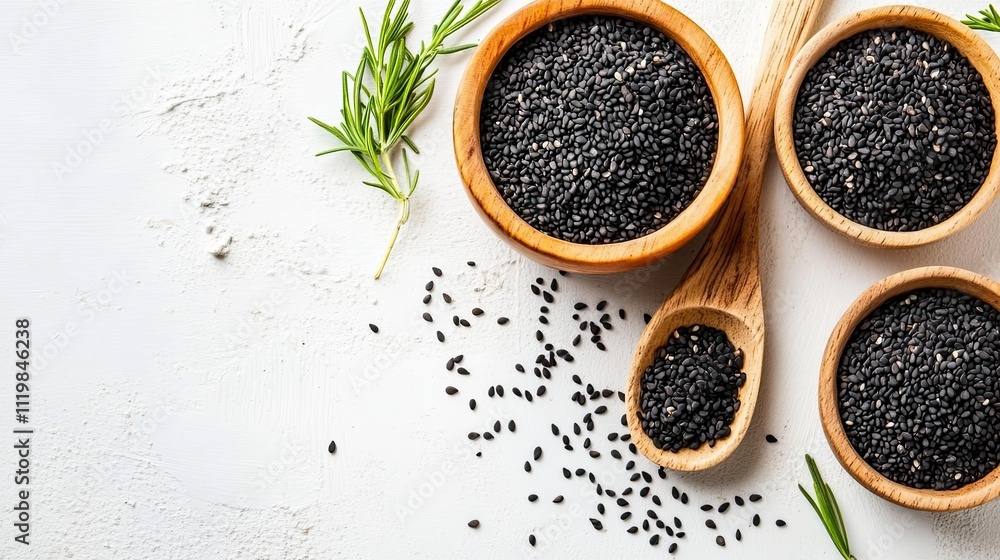 Black Sesame Seeds in Wooden Bowls Black Sesame Seeds in Wooden Bowls