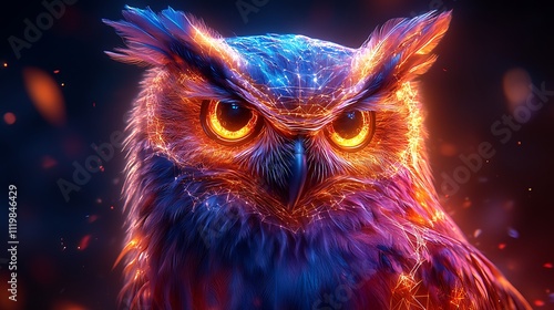 A polygonal owl head with geometric precision incorporating cybernetic features and illuminated patterns symbolizing AI photo