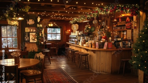 Cozy holiday-themed caf? interior with festive decorations and warm lighting. photo