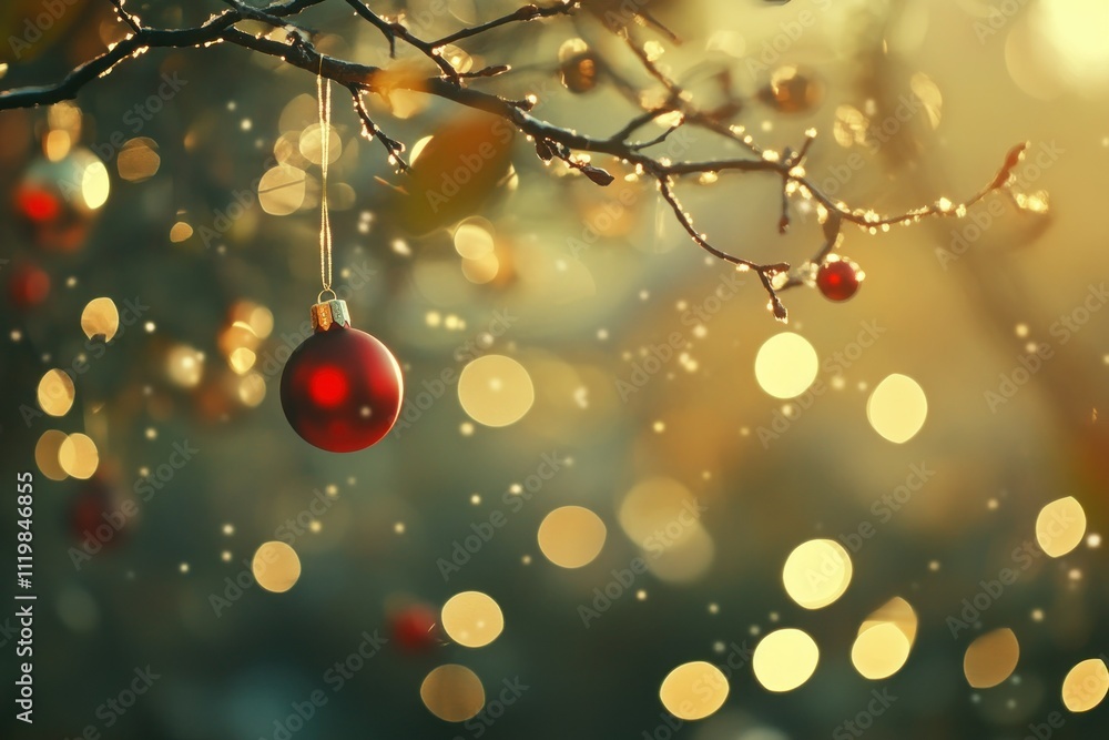 Fototapeta premium Festive Ornament on Branch with Golden Bokeh Lights