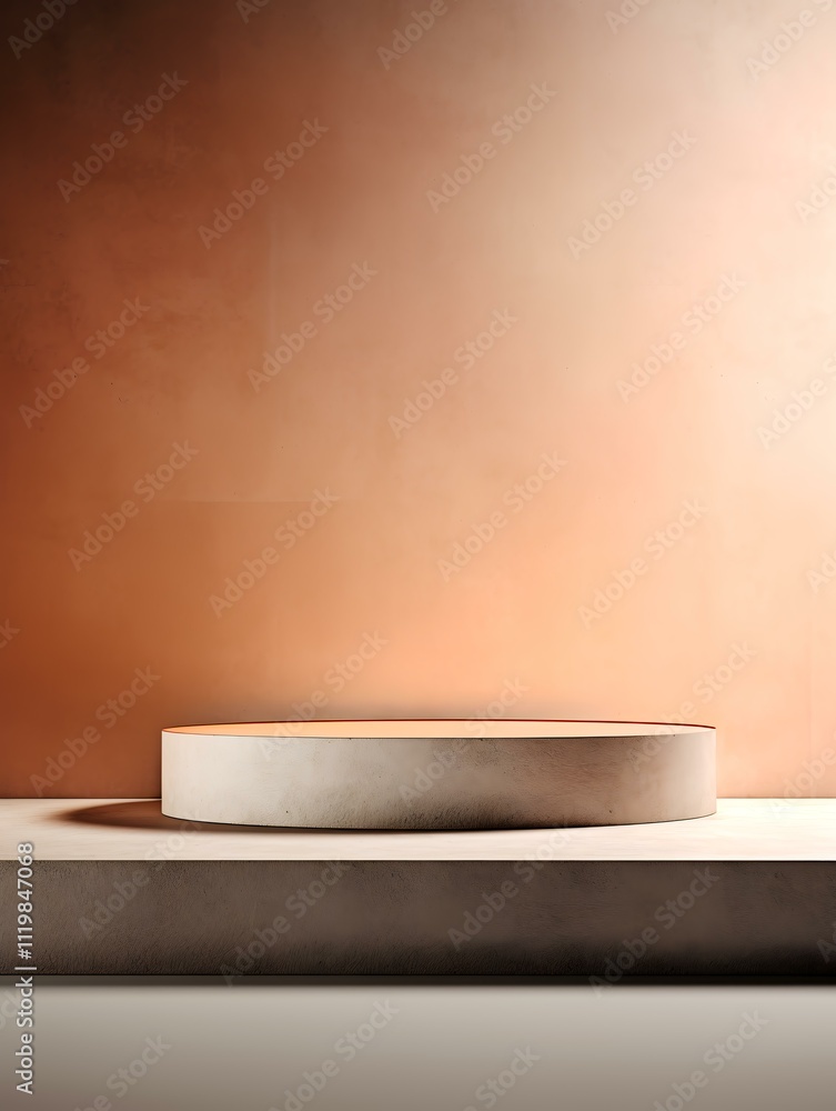 A minimalist display setting with a circular platform against a warm-toned wall. A minimalist display setting with a circular platform against a warm-toned wall.