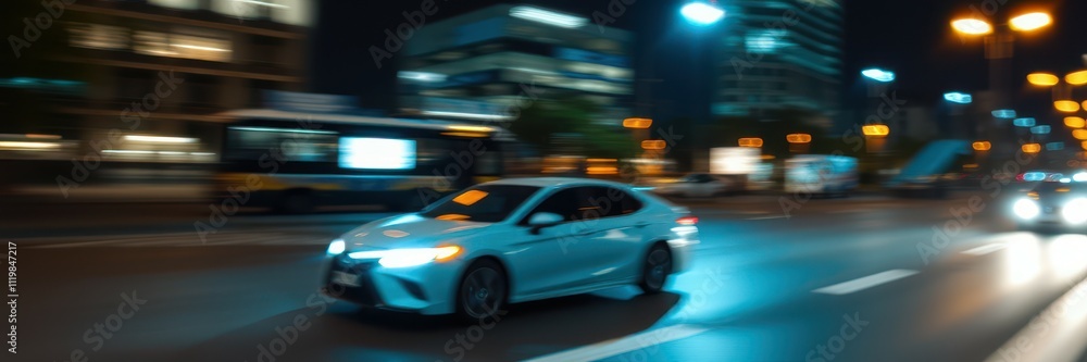 Nighttime city street with a speeding car and blurred lights from nearby vehicles Nighttime city street with a speeding car and blurred lights from nearby vehicles