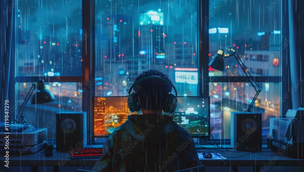 A young Asian man sits at his computer, rain falling outside the window, the city lights reflecting on the glass. A serene, cyberpunk vibe. A young Asian man sits at his computer, rain falling outside the window, the city lights reflecting on the glass. A serene, cyberpunk vibe.