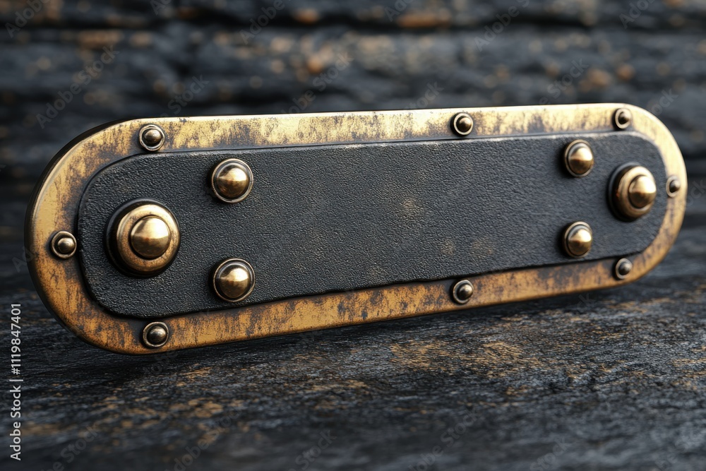 A metallic rectangular plate with brass accents and rivets, likely used as a decorative element. A metallic rectangular plate with brass accents and rivets, likely used as a decorative element.