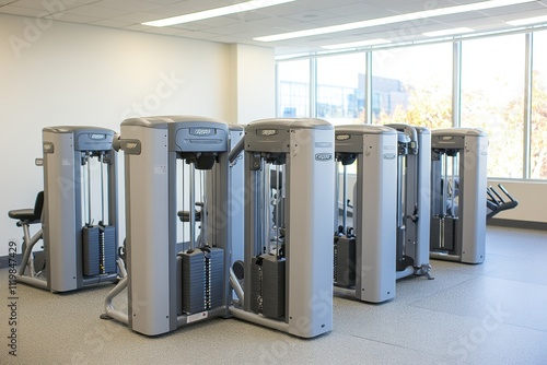 Premium fitness equipment array showcasing professional training machines and workout stations photo