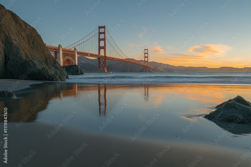 Fototapeta premium Golden Gate Bridge at Sunset Over Calm Waters