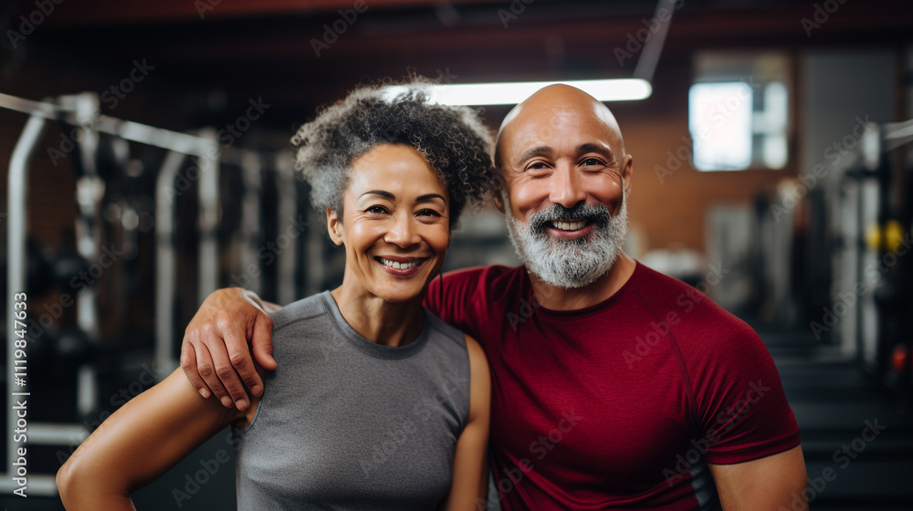 Fototapeta premium Middle aged couple at the gym posing for photo. Sport, active, action, strong, healthy, athletic, sportsman, muscle, bodybuilder, body, muscular, bodybuilding.