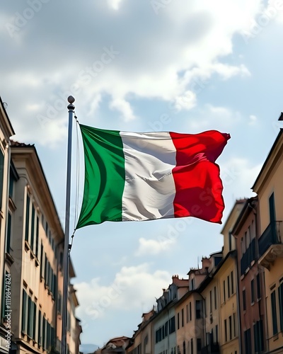 image d'un drapeau de l'Italie devant des habitations de Venise