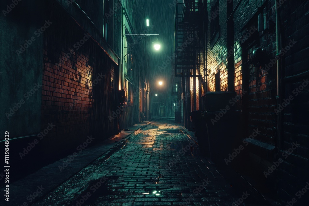 Dark Urban Alleyway at Night with Rain Reflection Dark Urban Alleyway at Night with Rain Reflection
