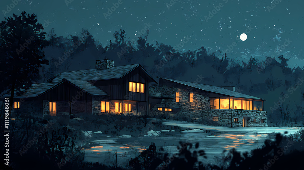 Fototapeta premium Modern house with stone and wood exterior. Twilight. Illustration