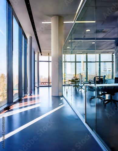  Beautiful blurred background of a light modern office interior with panoramic windows and beautiful lighting  photo